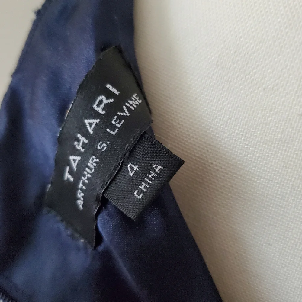 Tahari ASL Navy Blue Beaded Neckline Fit & Flare Dress Metallic Cocktail Size 4 - Picture 8 of 9
